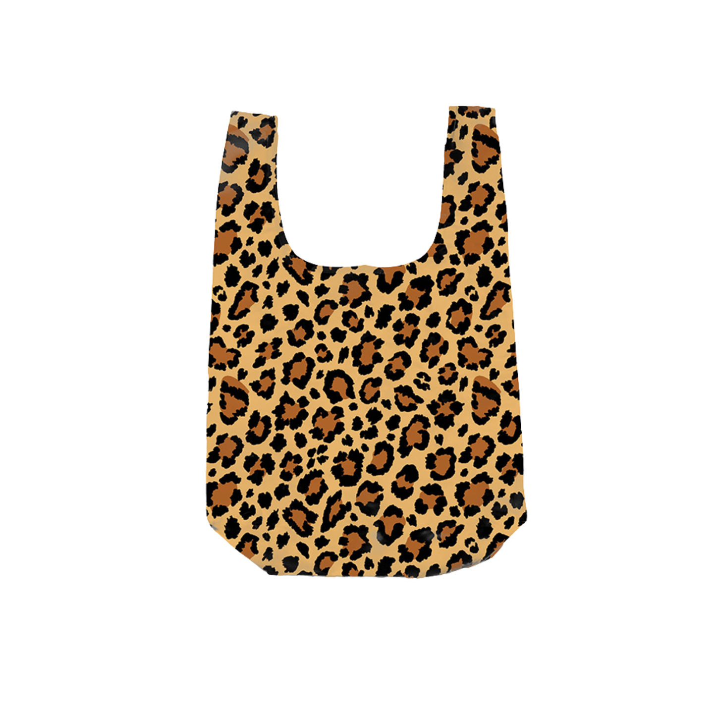 Leopard print reusable shopping bag with matching heart-shaped storage pouch attached to the handle.