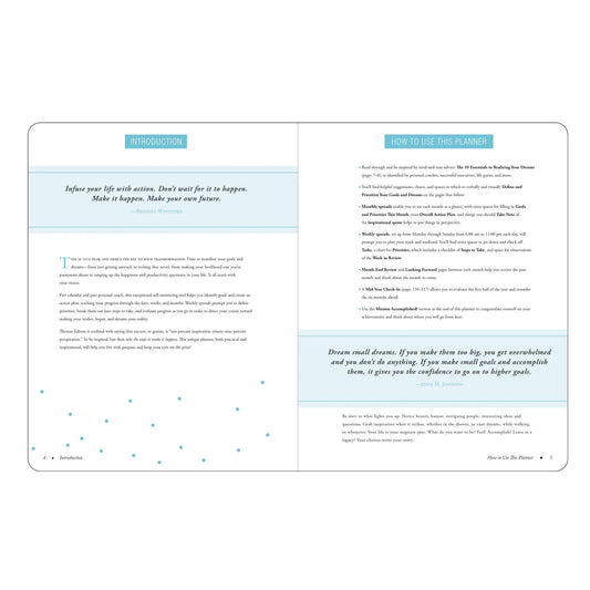 Two-page spread from a planner with introductory text and usage instructions.