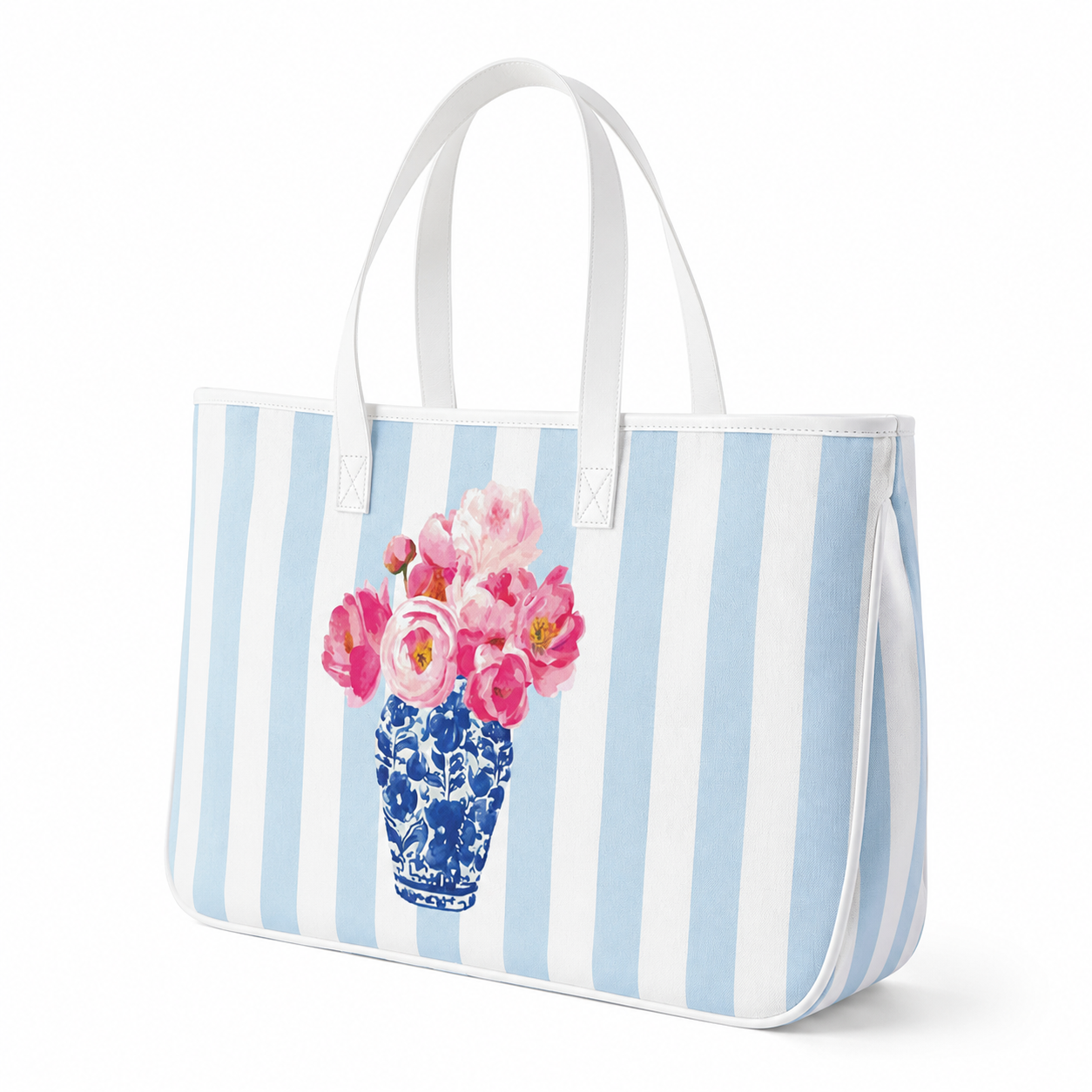 Canvas Tote - Blue Stripe + Flower