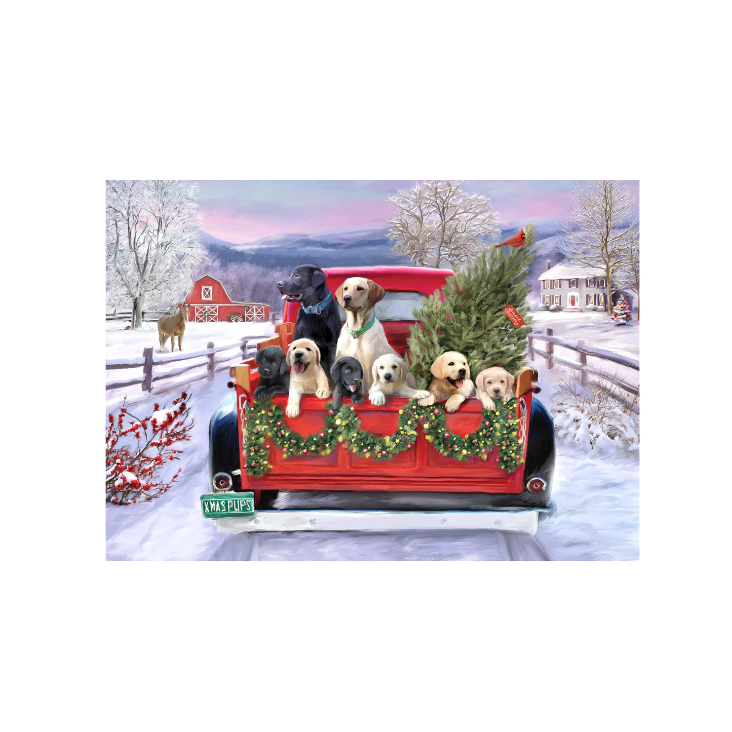 Red truck with a Dog family and Holiday decoration in a snowy landscape