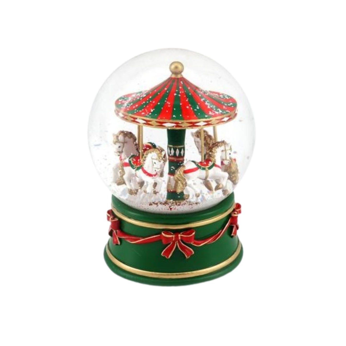 A festive holiday carousel snow globe with a green and red striped canopy, white carousel horses, and a green base decorated with a red bow, shown on a plain white background.