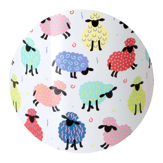 Round label with colorful sheep pattern on a white background