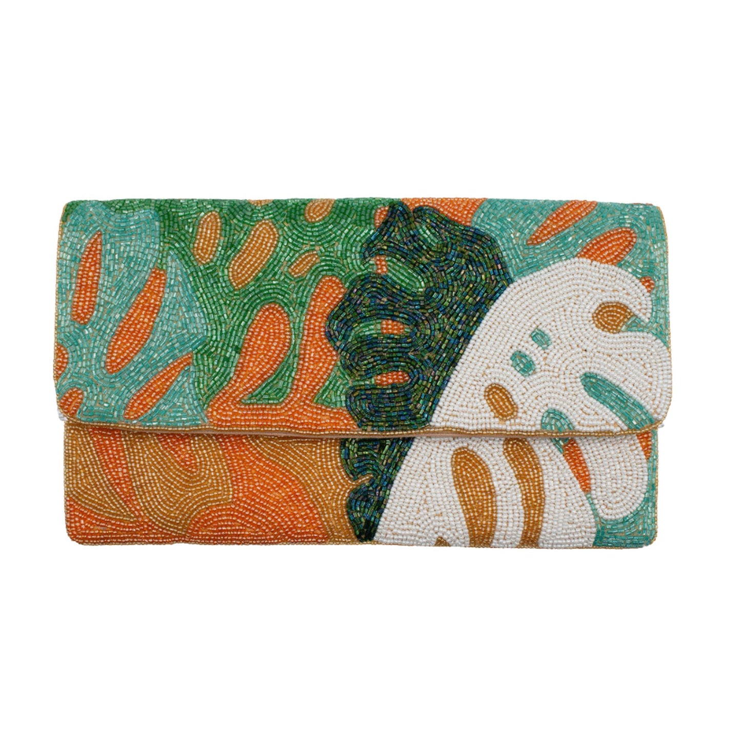 Peach Green Monstera Beaded Clutch