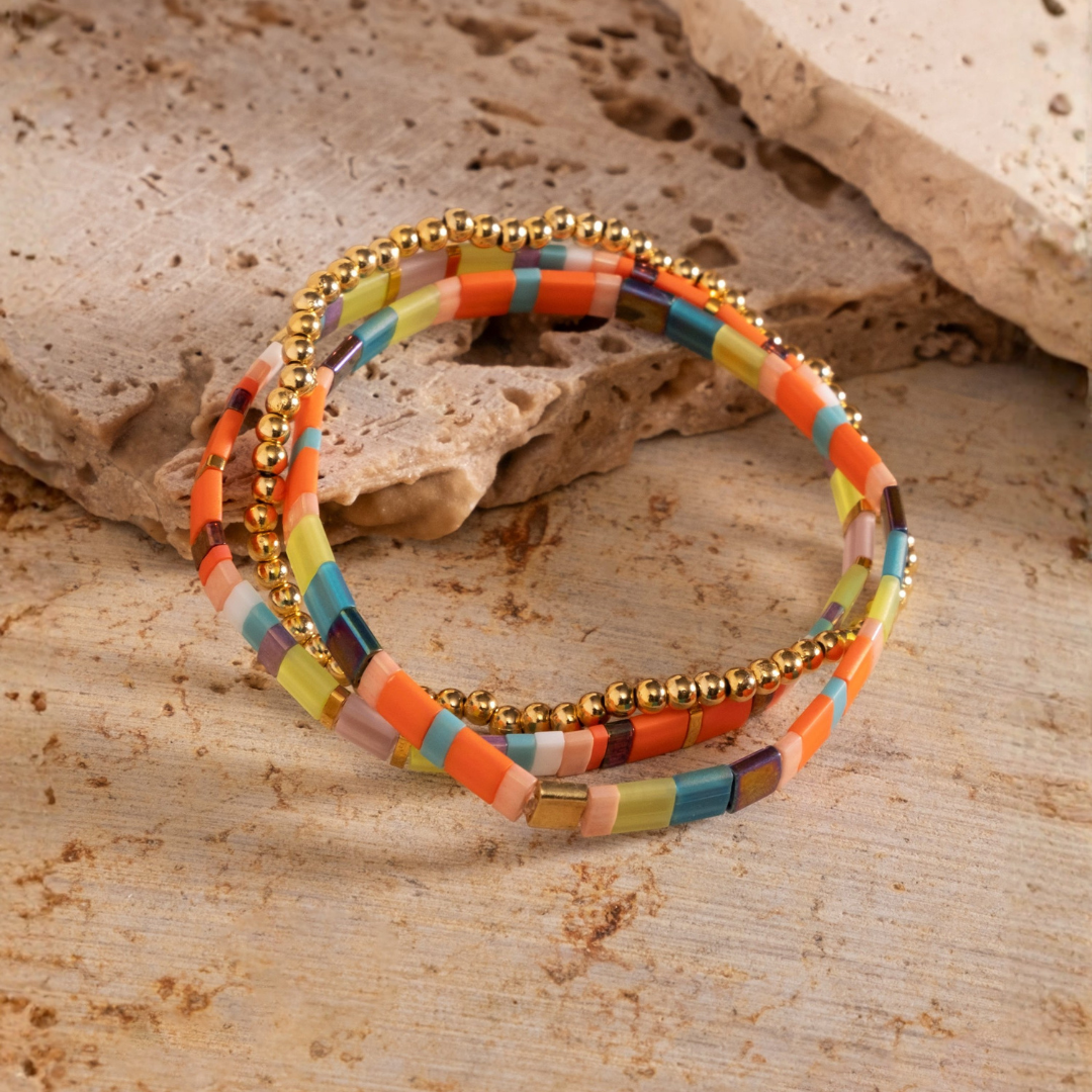 Set of 3 Miyuki Tila Bracelets (Aqua /Orange)