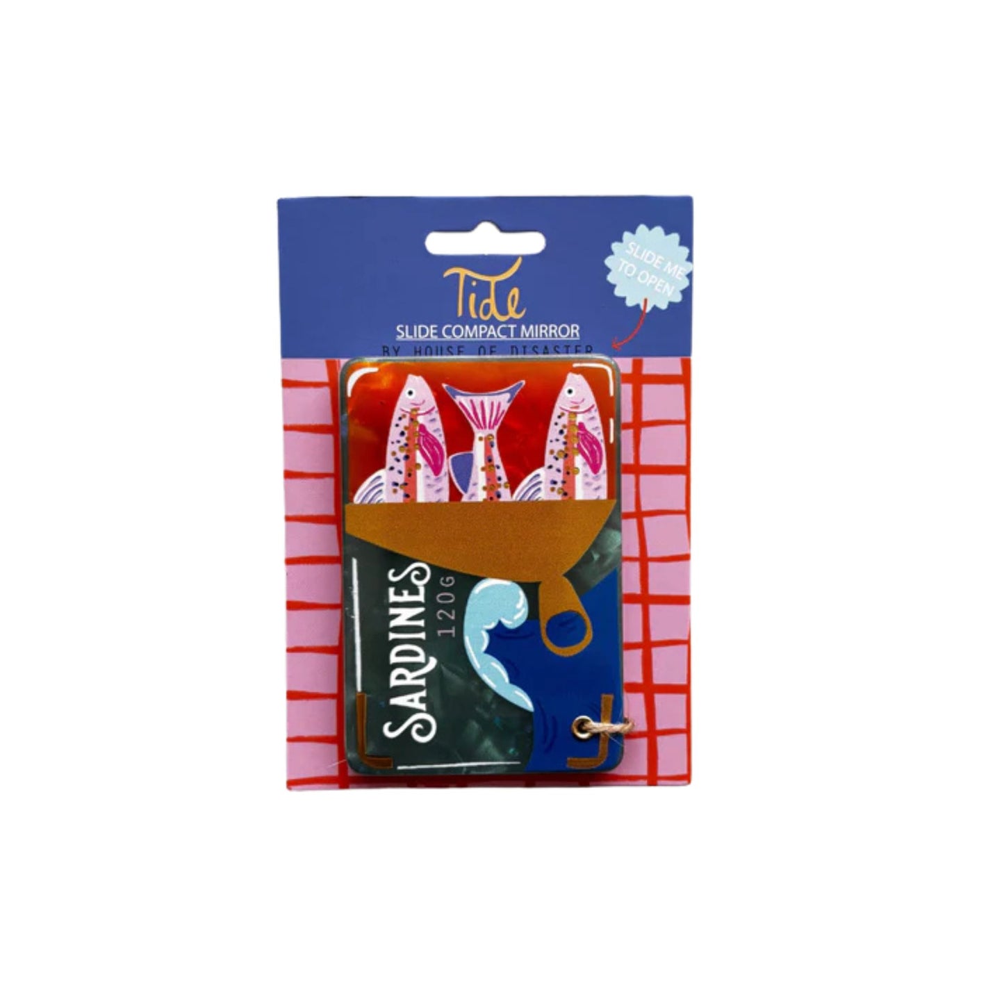 Slide compact mirror with sardine design packaging on a white background