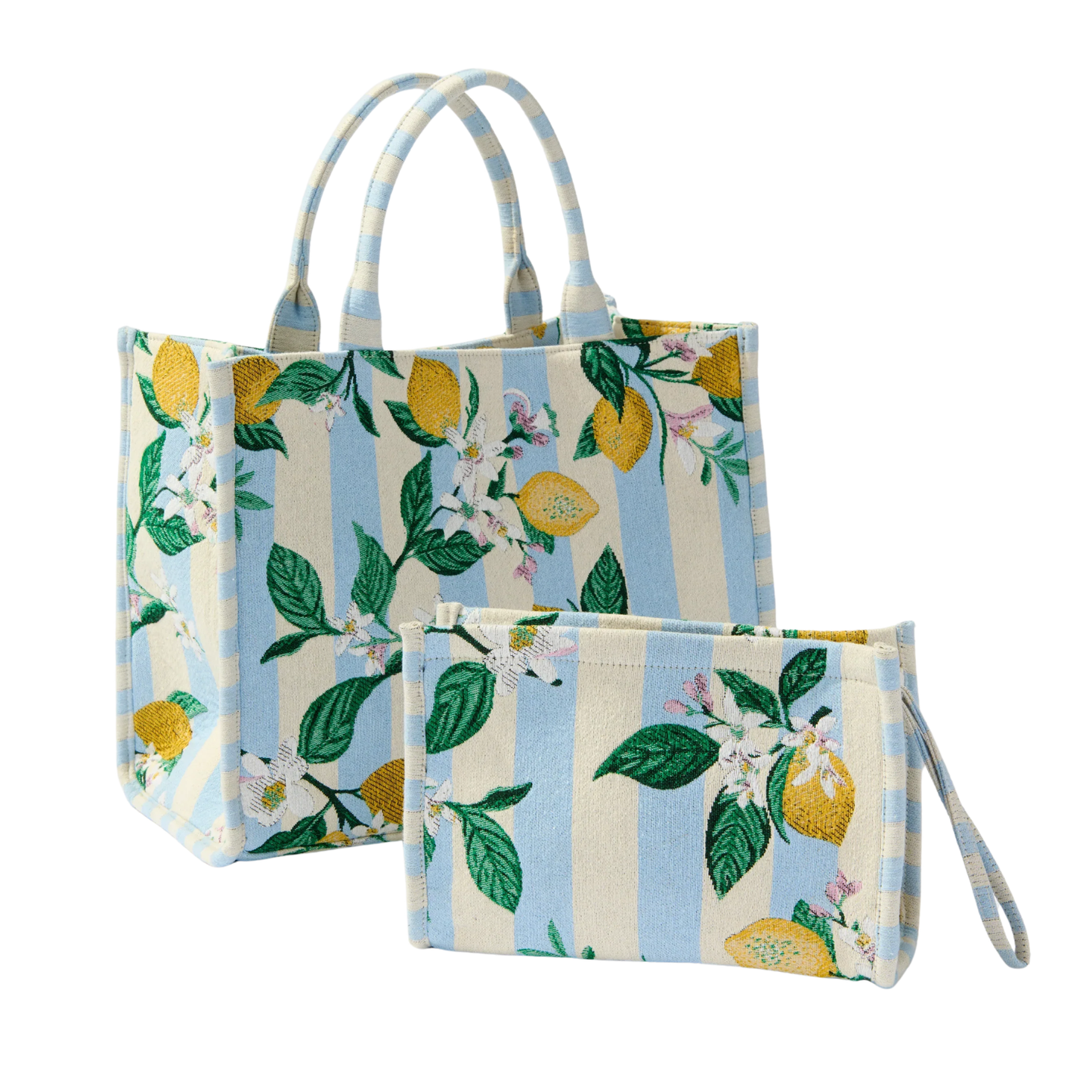 Two bags with lemon and floral pattern on a white background