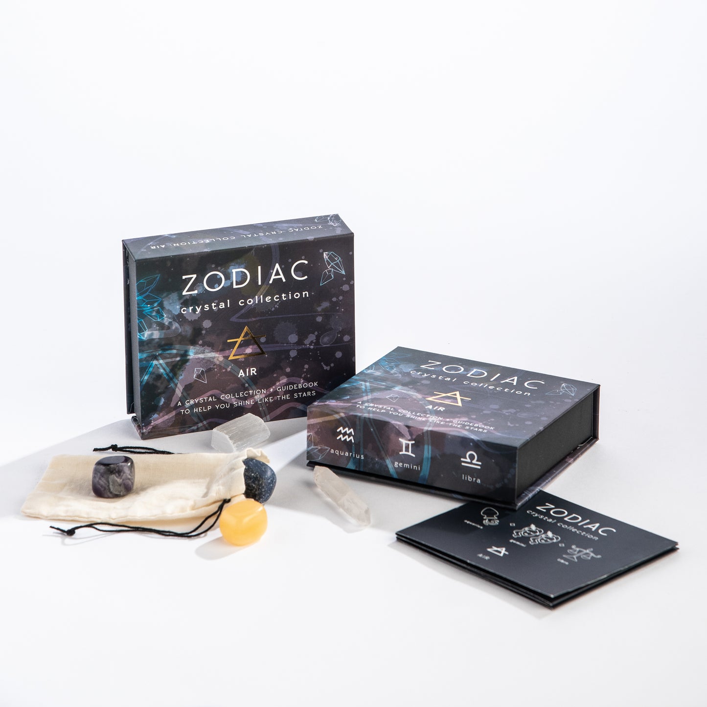 Zodiac crystal collection packaging on a white background