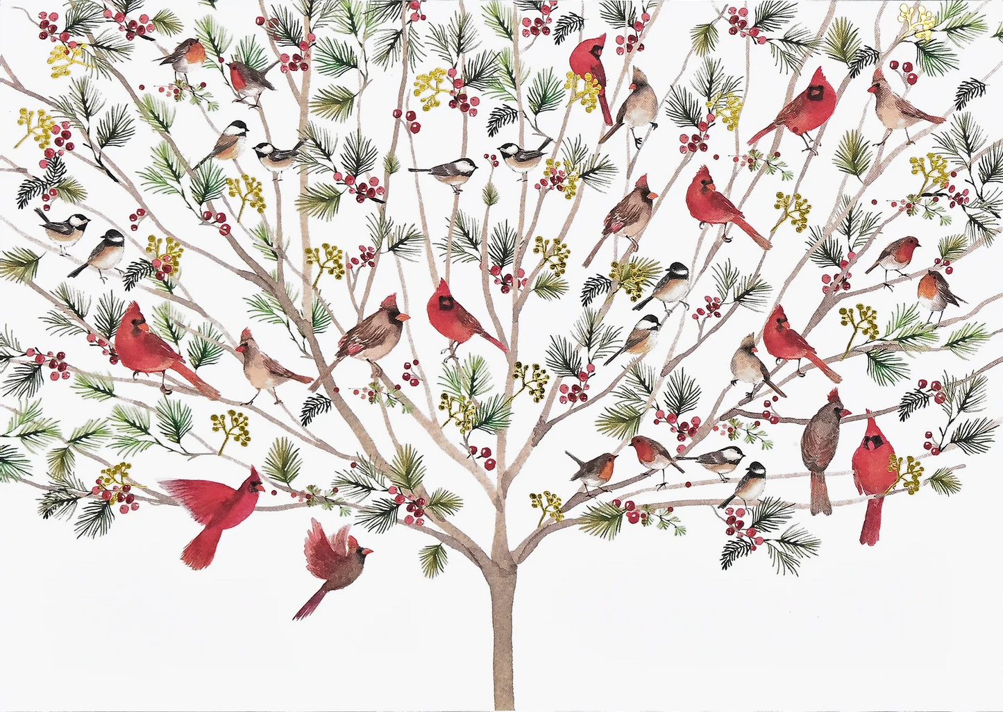 A colorful holiday card with cardinals sitting in a tree.