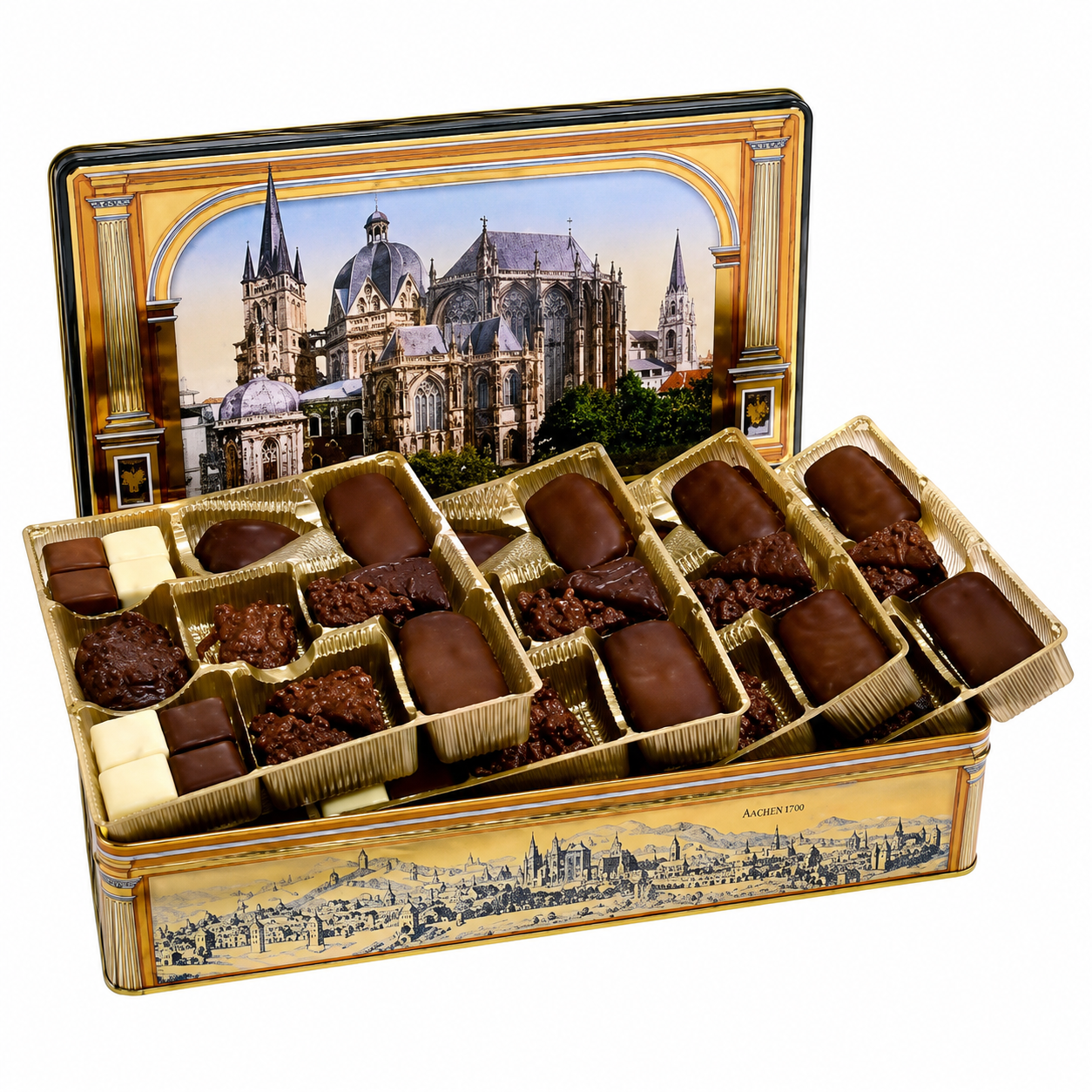 Box of chocolates with a decorative lid featuring a cityscape