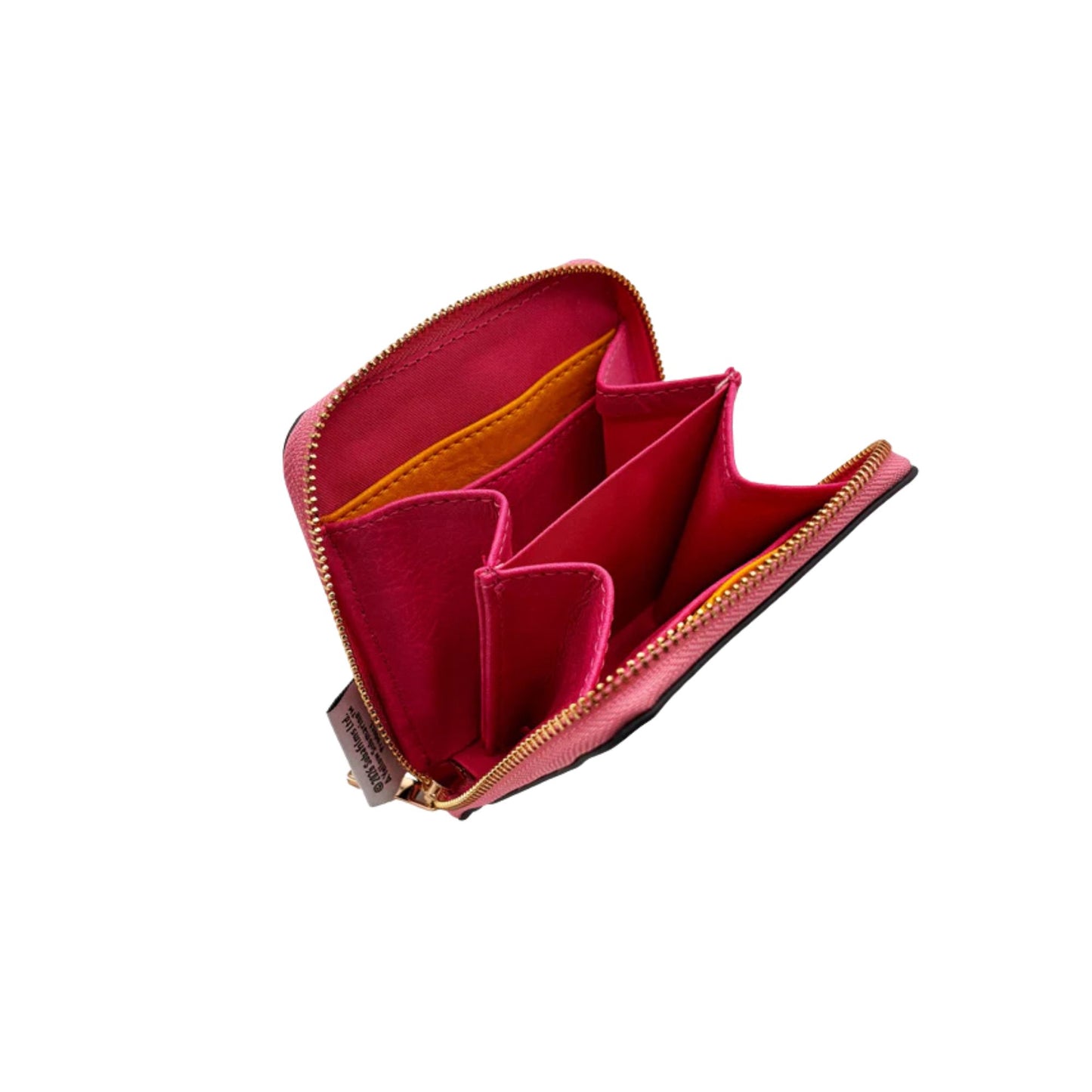 Pink wallet with gold zipper on a white background