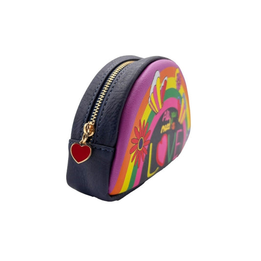 Round pouch with colorful design and gold zipper on a white background