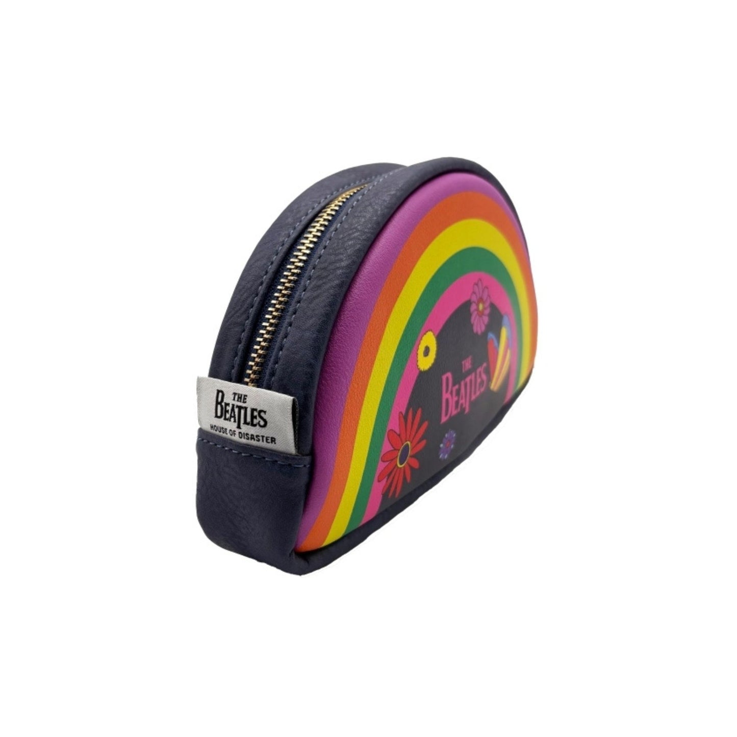 Pencil case with rainbow design and The Beatles logo on a white background