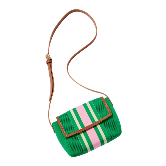 Green striped cross-body-bag with a brown strap on a white background