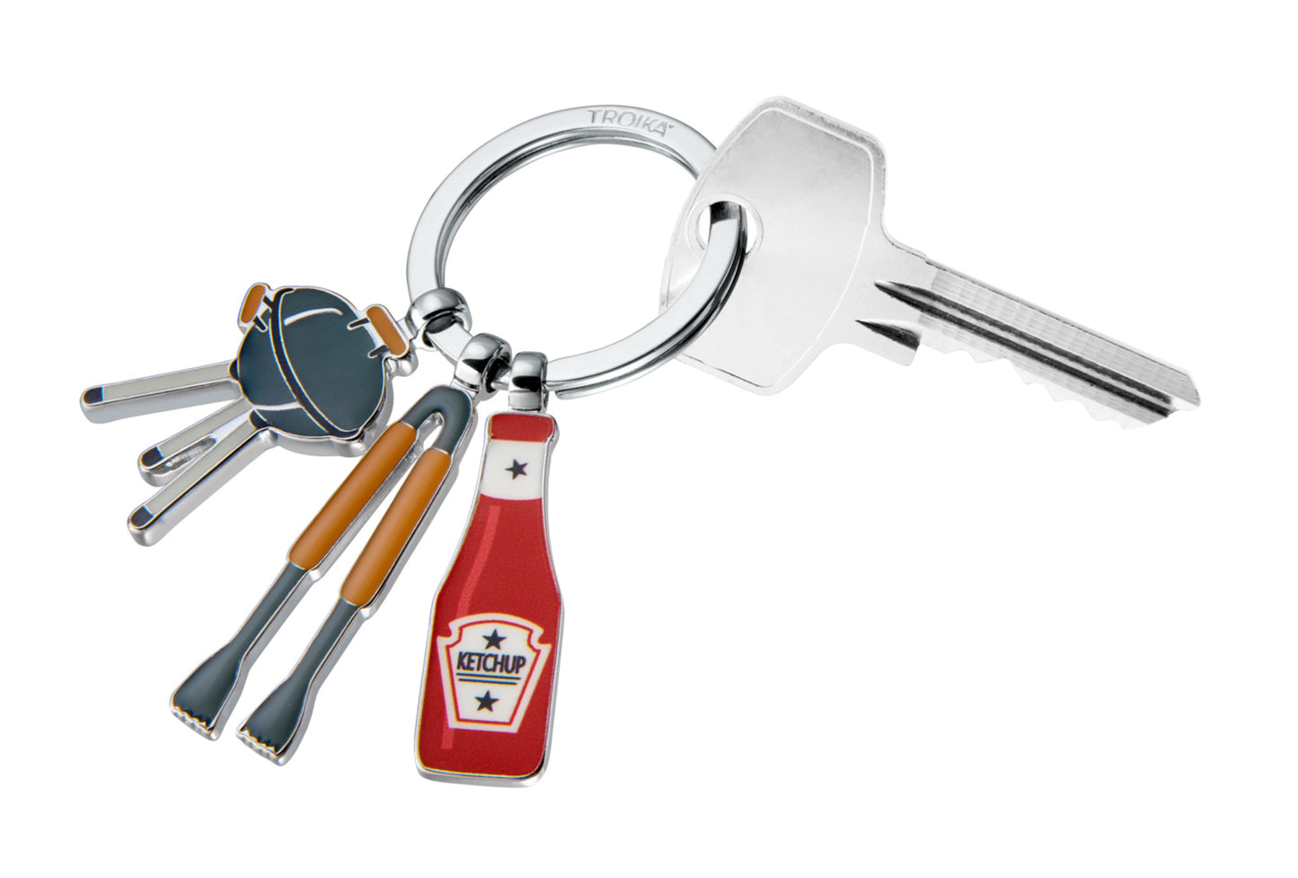 Keychain with key and ketchup bottle design on a white background