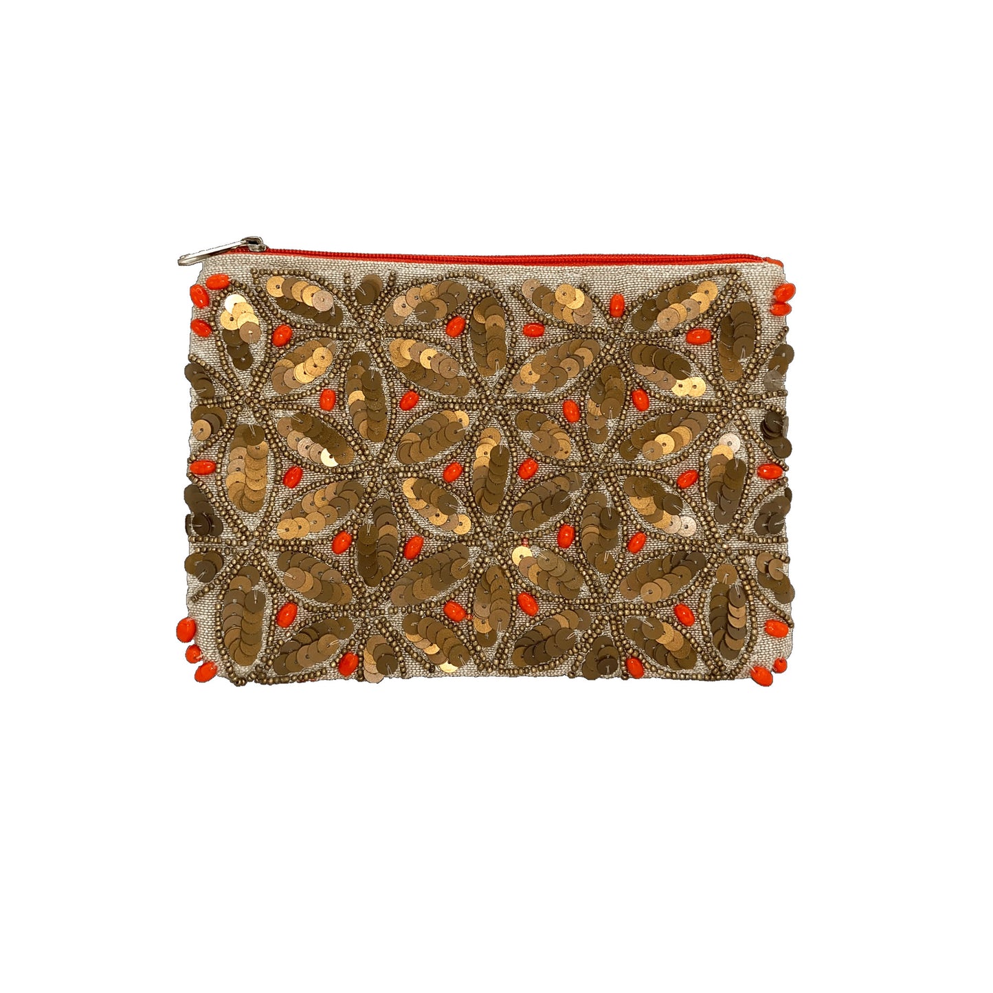 Gold and Coral Sequins Beaded Coin Pouch