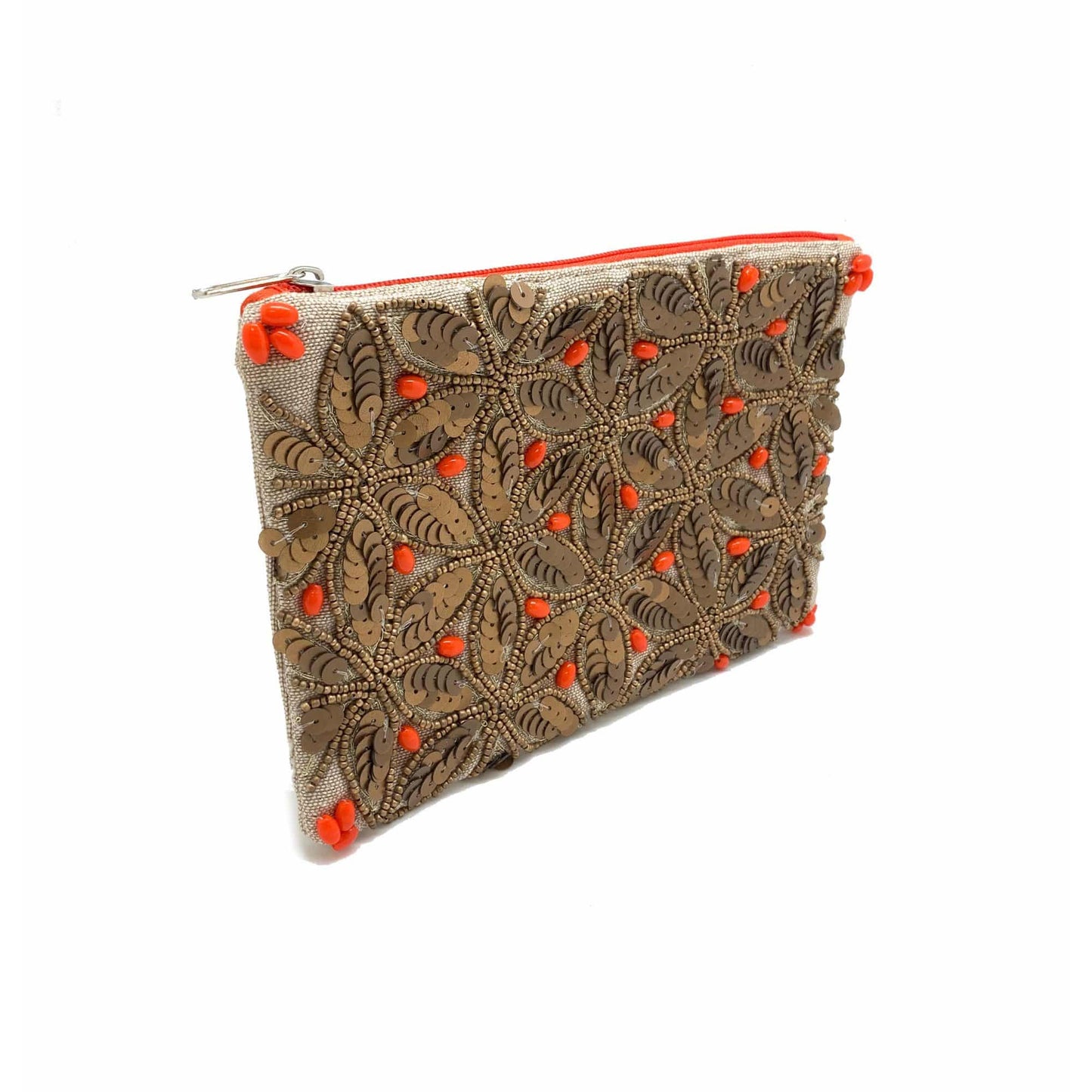 Gold and Coral Sequins Beaded Coin Pouch