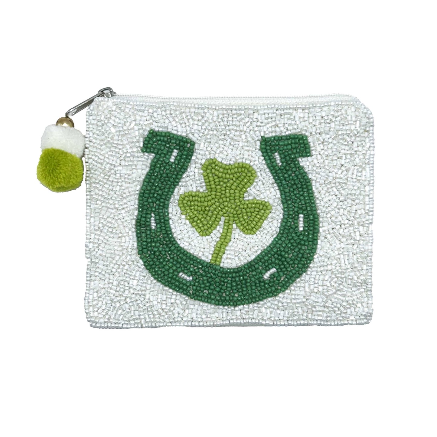 Pouch with green horseshoe and shamrock design on a white background