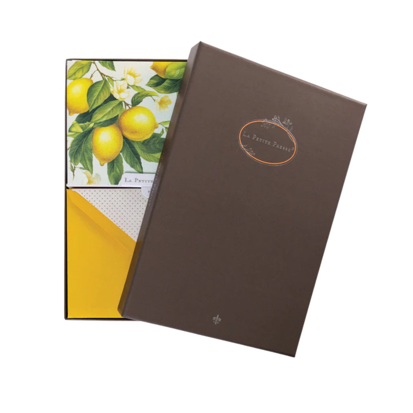 Boxed note cards with a decorative cover featuring lemons and leaves on a white background