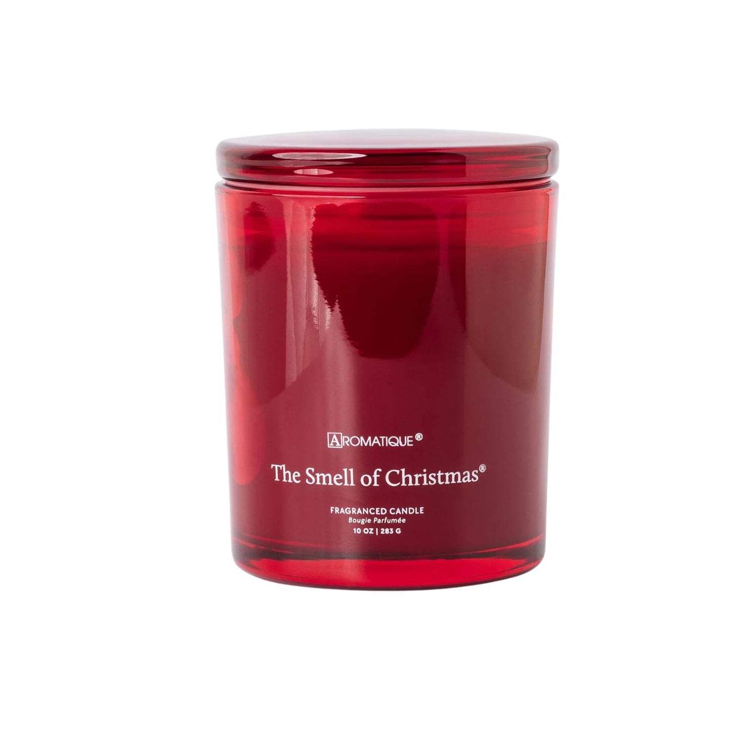 Red candle labeled 'The Smell of Christmas' by Aromatique on a white background