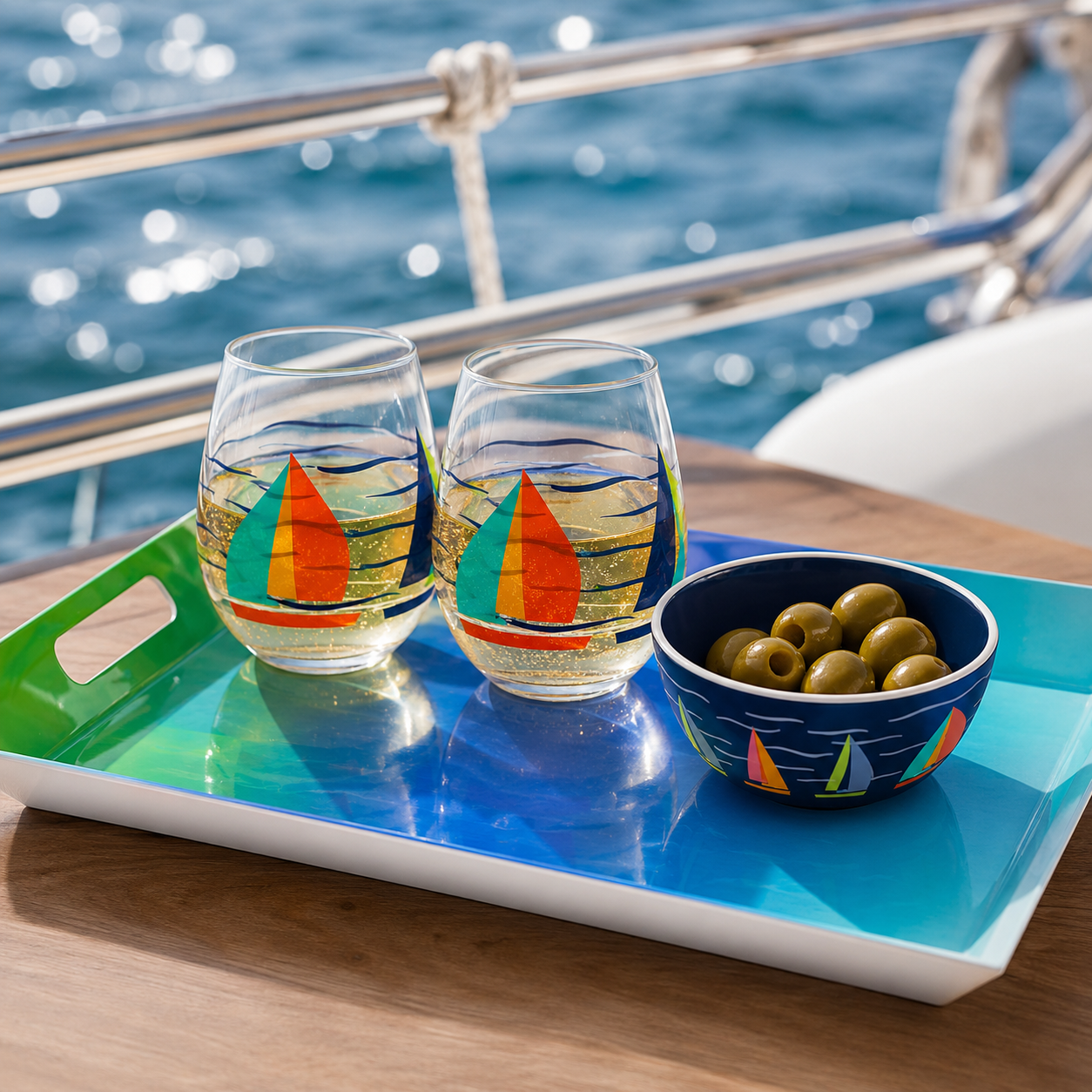 Two stemless wine glasses and a matching bowl with sailboat illustrations sit on a blue and green tray on a wooden table, with the ocean and boat railing in the background.