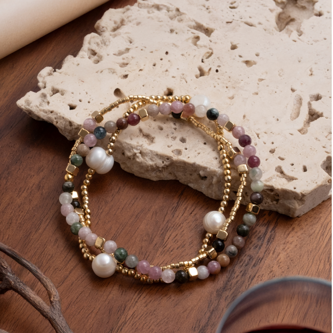 Set of Gem and Pearl Miyuki Stretch Bracelets