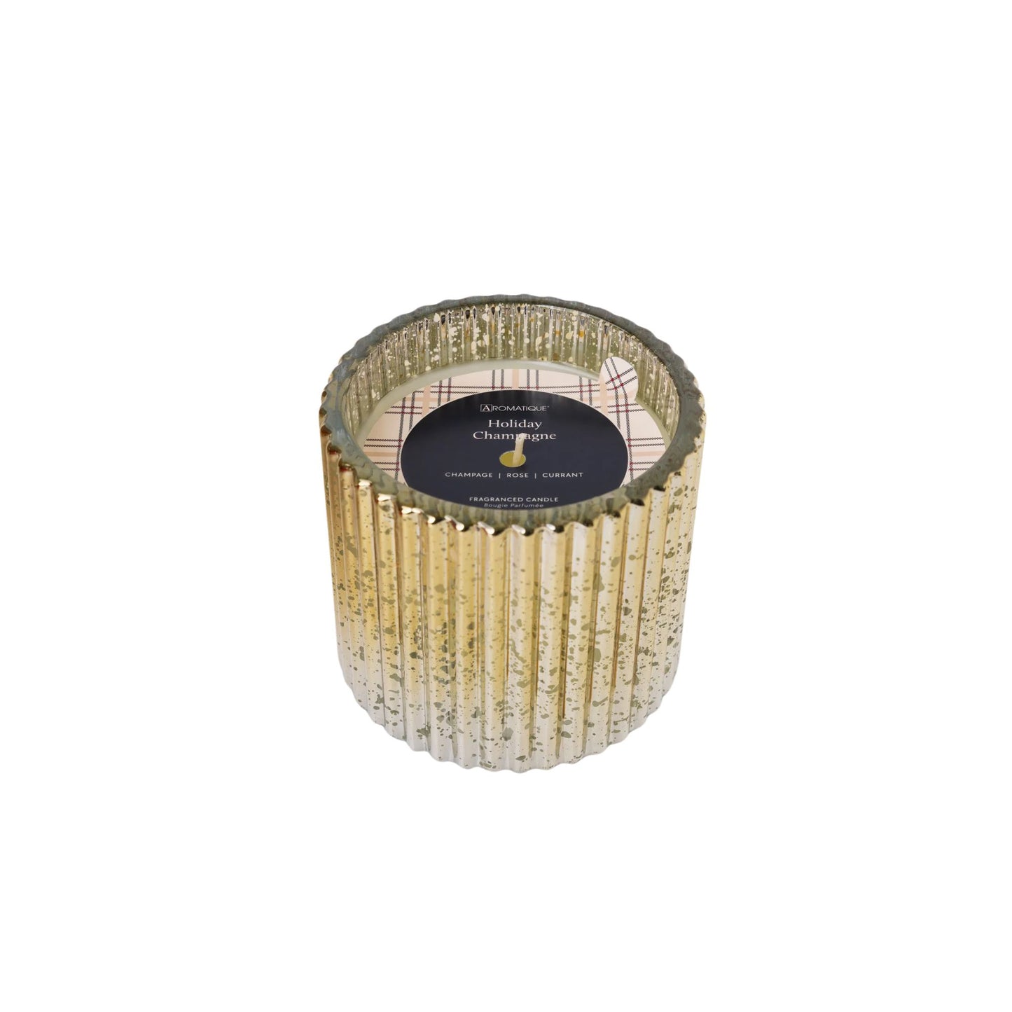 Decorative holiday champagne candle with gold ribbed design on a white background
