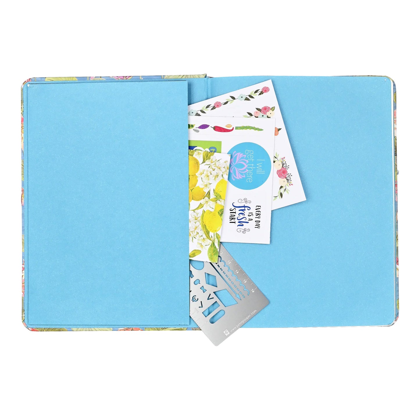 Back-Flap of pink water-lilies notebook with floral stickers and a ruler on a white background