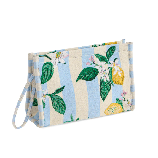 Fabric pouch with lemon and flower pattern on a white background