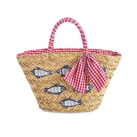 Woven basket with red checkered handle and blue fish design on a white background