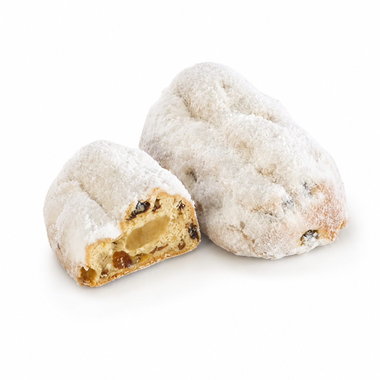 Two maripan Christmas cookies with a bite taken out of one, covered in powdered sugar on a white background