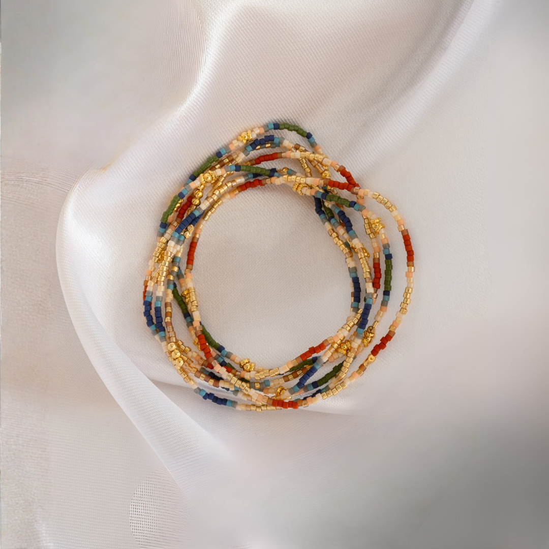 Set of 7 Miyuki Beaded Stretch Bracelet Set - Blue/Green/Rust