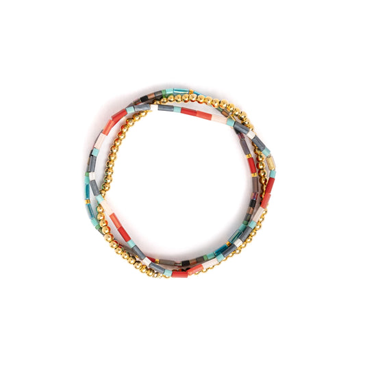 Set of 3 Miyuki Tila Bracelets (Red /Aqua)