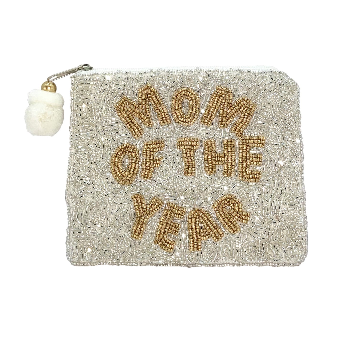 Pouch with 'Mom of the Year' text in gold beads on a white background