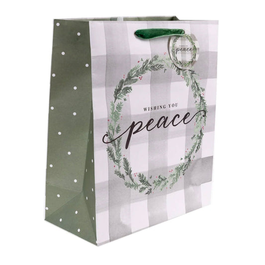 Peace Plaid Wreath Large Holiday Gift Bag