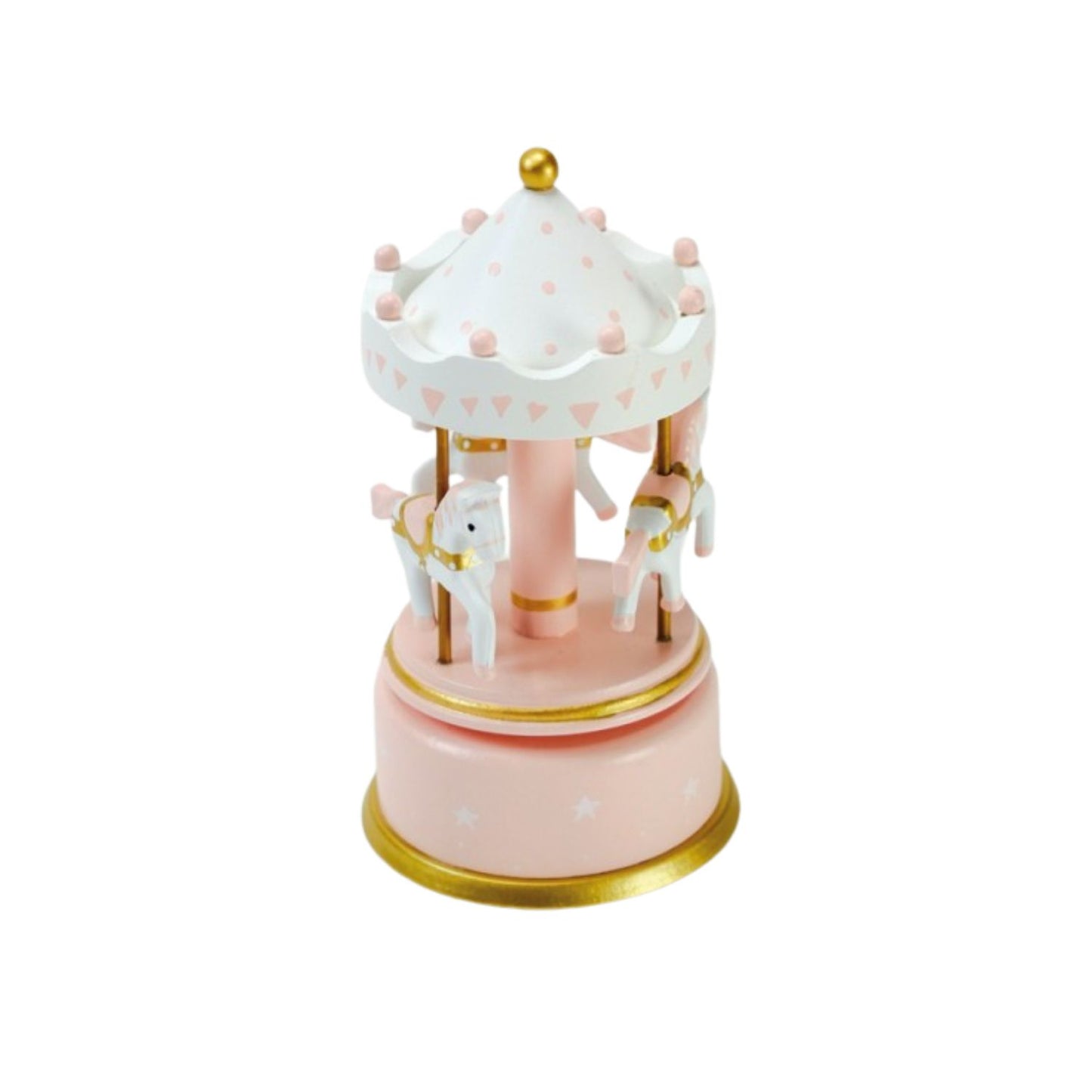 A miniature pink and white carousel music box featuring white horses, gold trim, and a gold base, set against a plain white background.