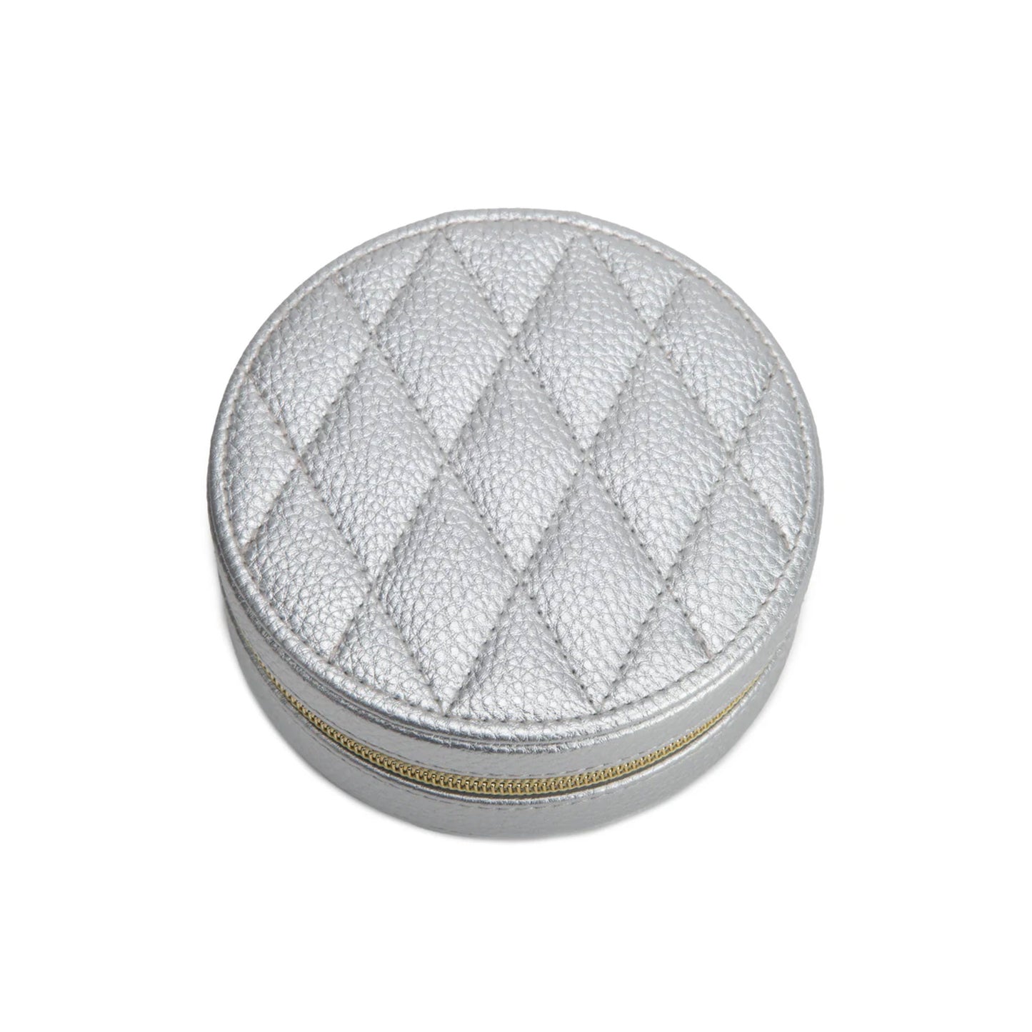 Round silver jewelry box with a textured surface on a white background