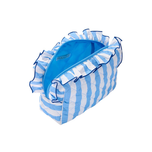 A light blue and white striped cosmetic pouch with a ruffled zipper edge, shown on a plain white background.