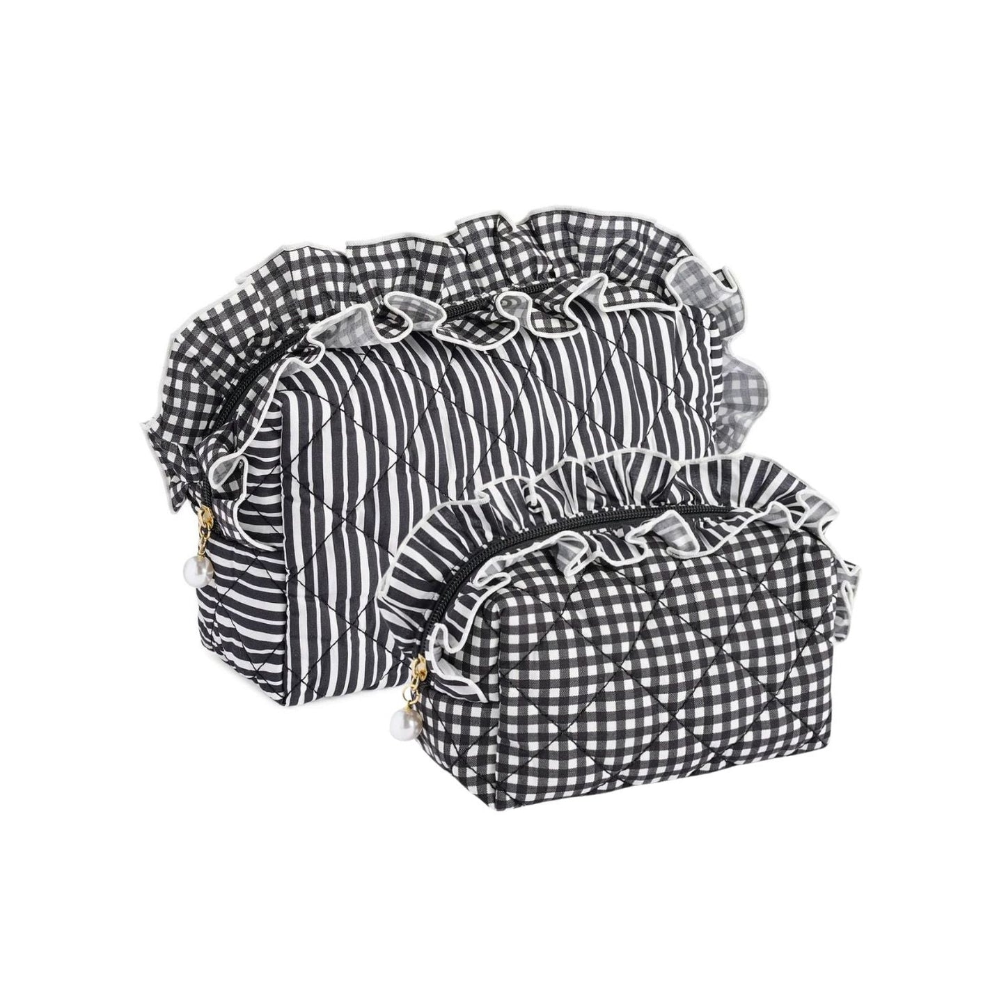 Two quilted cosmetic bags in black and white gingham and striped patterns with ruffled trim, displayed on a white background.