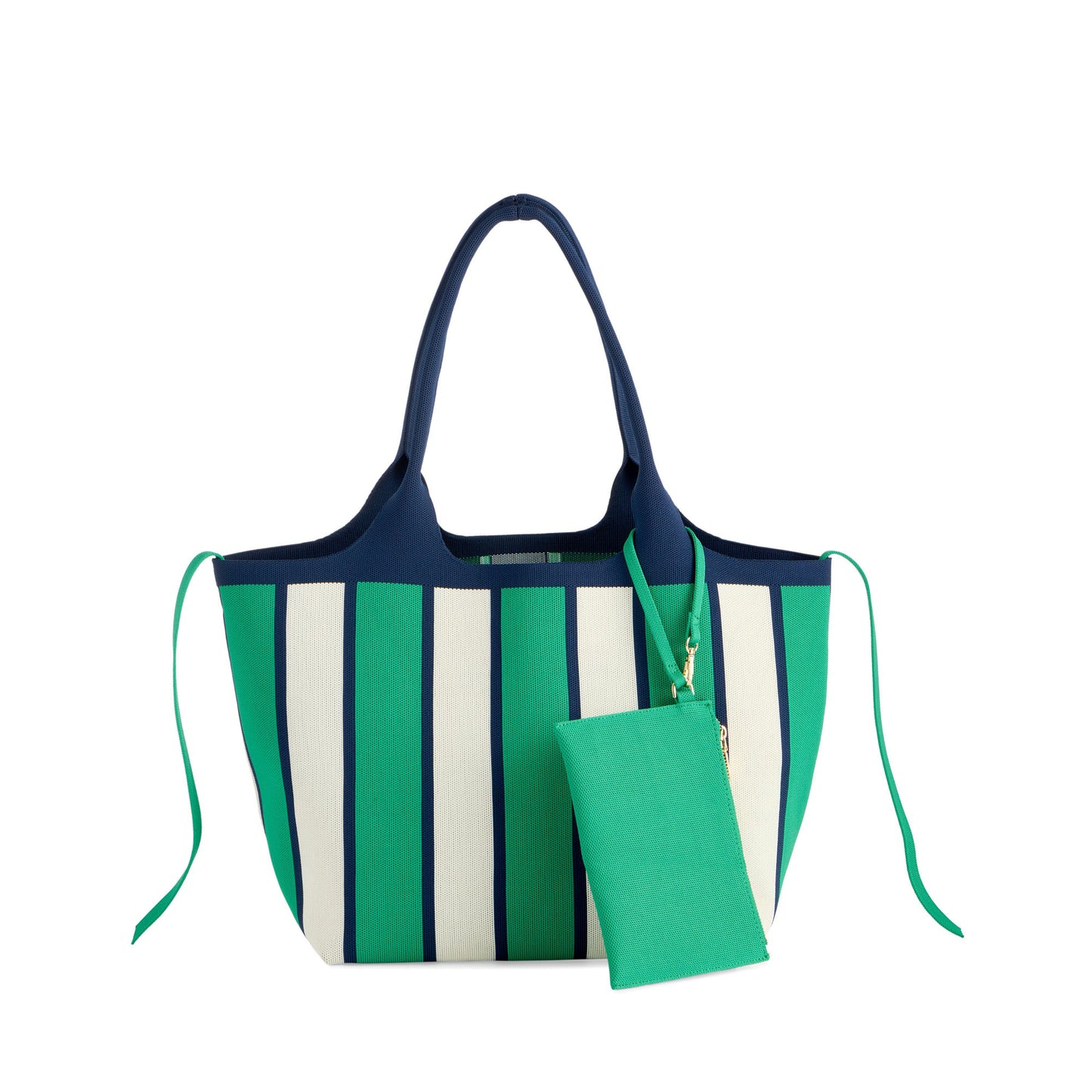 A striped tote bag in green, navy, and white with matching green drawstring ties and a small matching green pouch, shown on a plain white background.