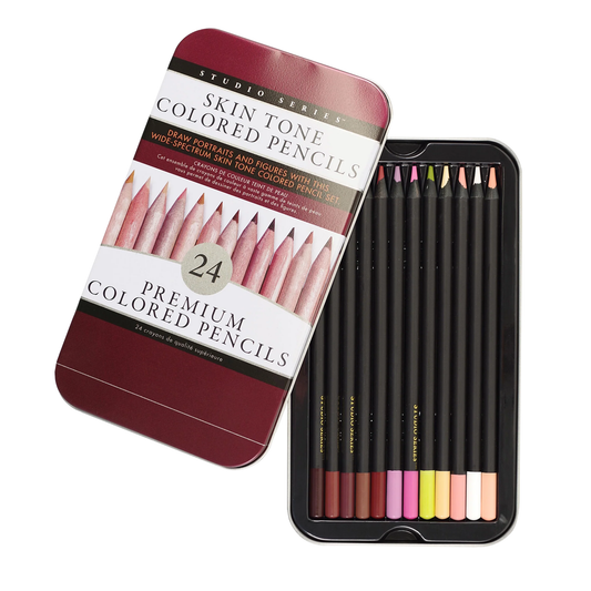 Set of 24 skin tone colored pencils in a tin with a visible color swatch on a white background.