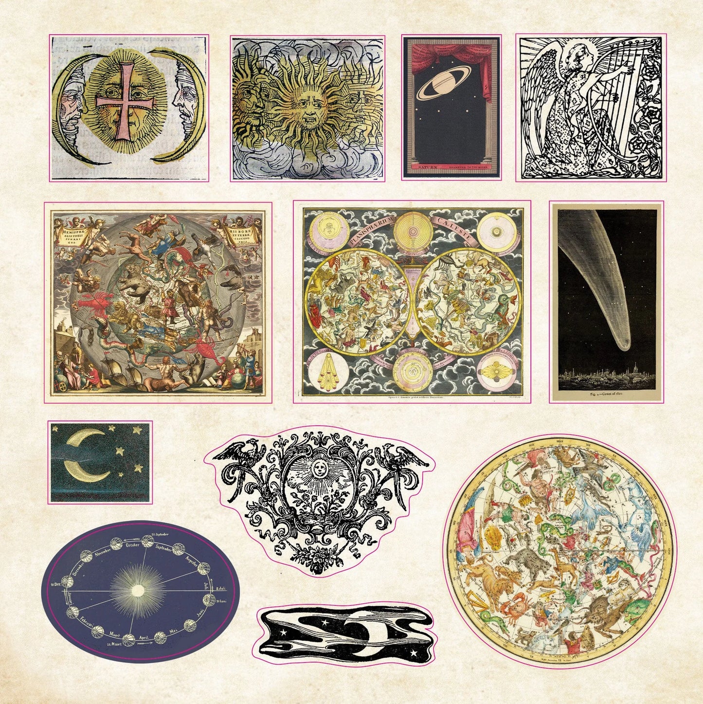 Collection of vintage celestial and astrological sticker illustrations on a beige background