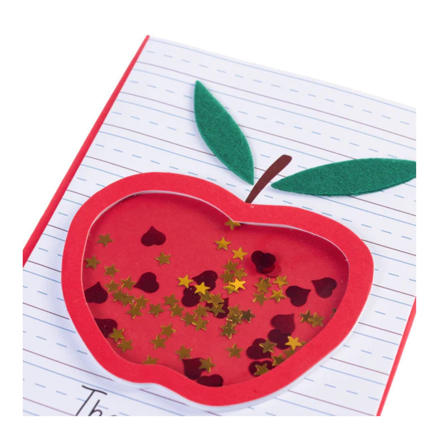 Red apple-shaped card with decorative elements on a white background