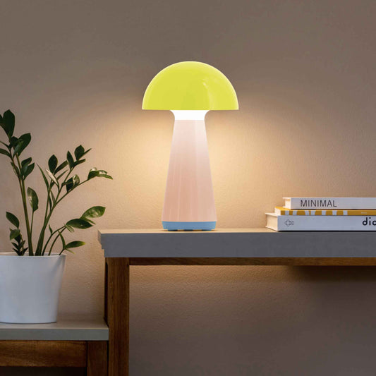 Colorful mushroom-shaped lamp on a table with books and a plant in the background