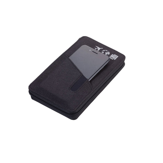 Black travel Wallet with phone compartment with a phone inside on a white background