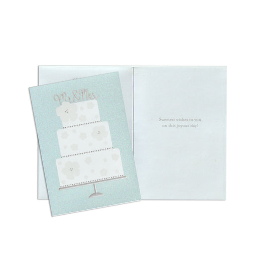 Greeting card with a four-tier cake illustration on a light blue background