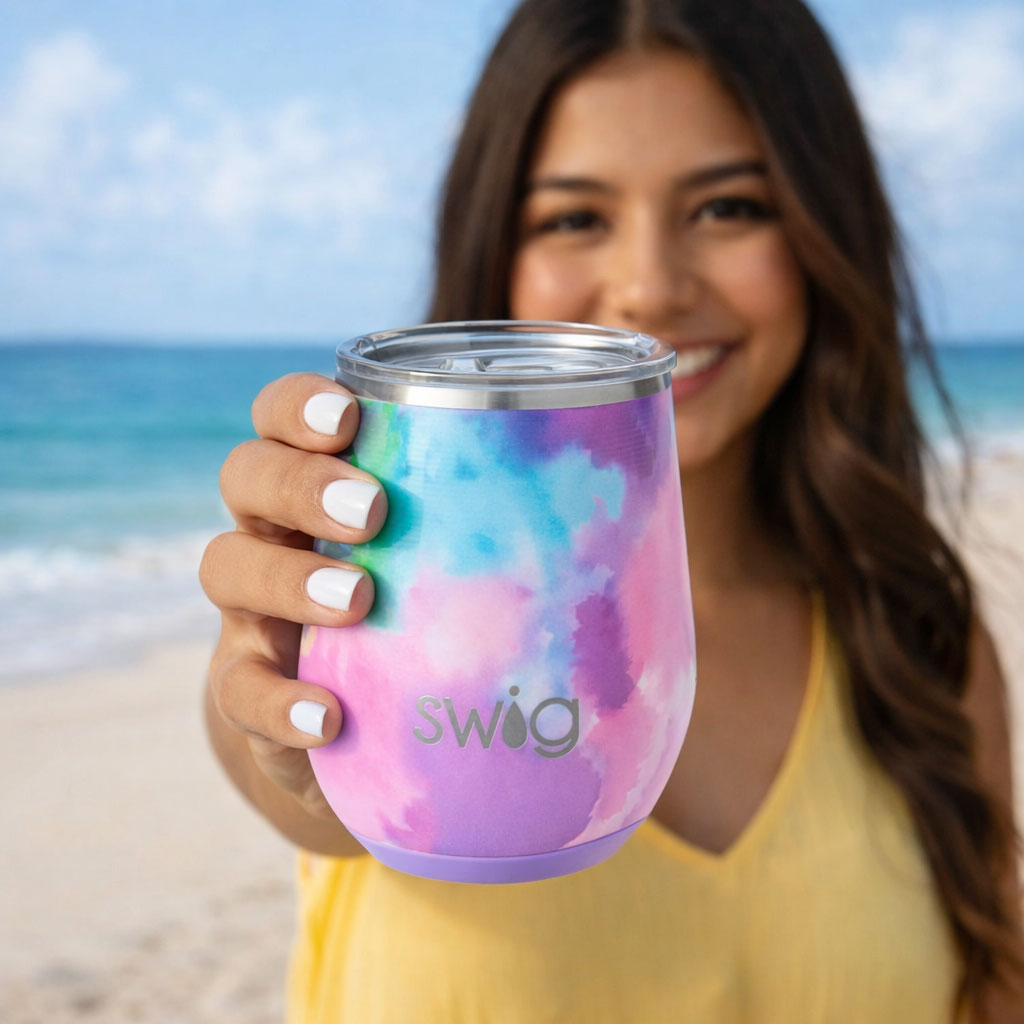 Woman holding a stemless colorful tumbler with a tie-dye design on a beach.