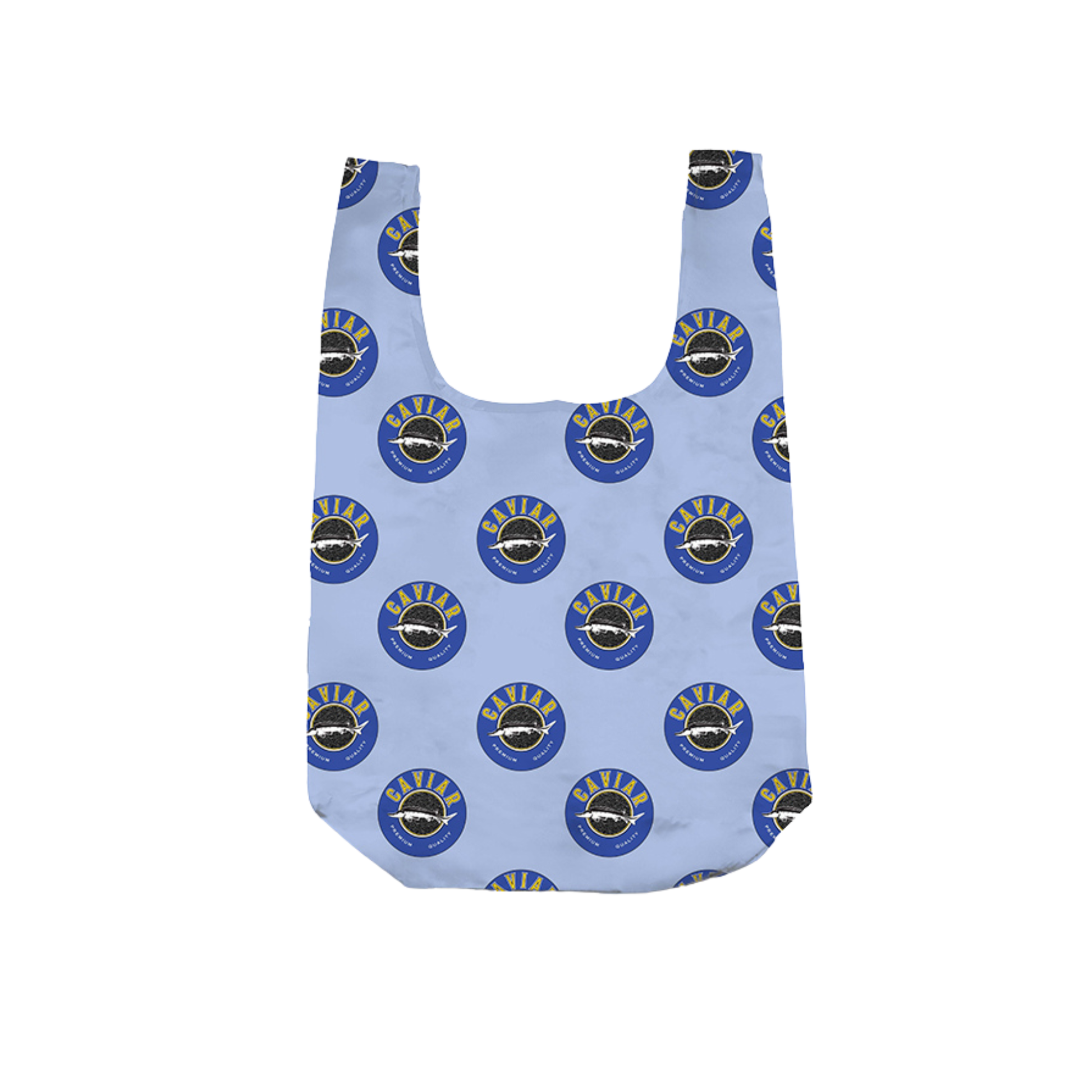 Reusable caviar print shopping bag with matching caviar coin pouch attached to the handle.
