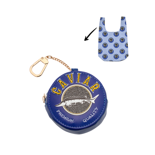 Reusable caviar print shopping bag with matching caviar coin pouch attached to the handle.