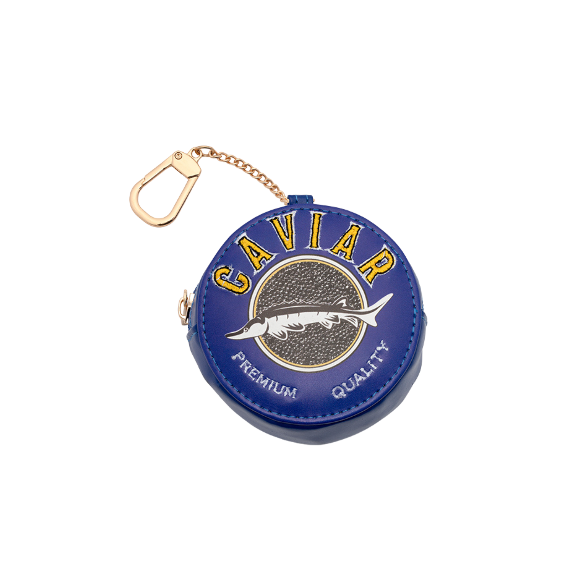 Reusable caviar print shopping bag with matching caviar coin pouch attached to the handle.