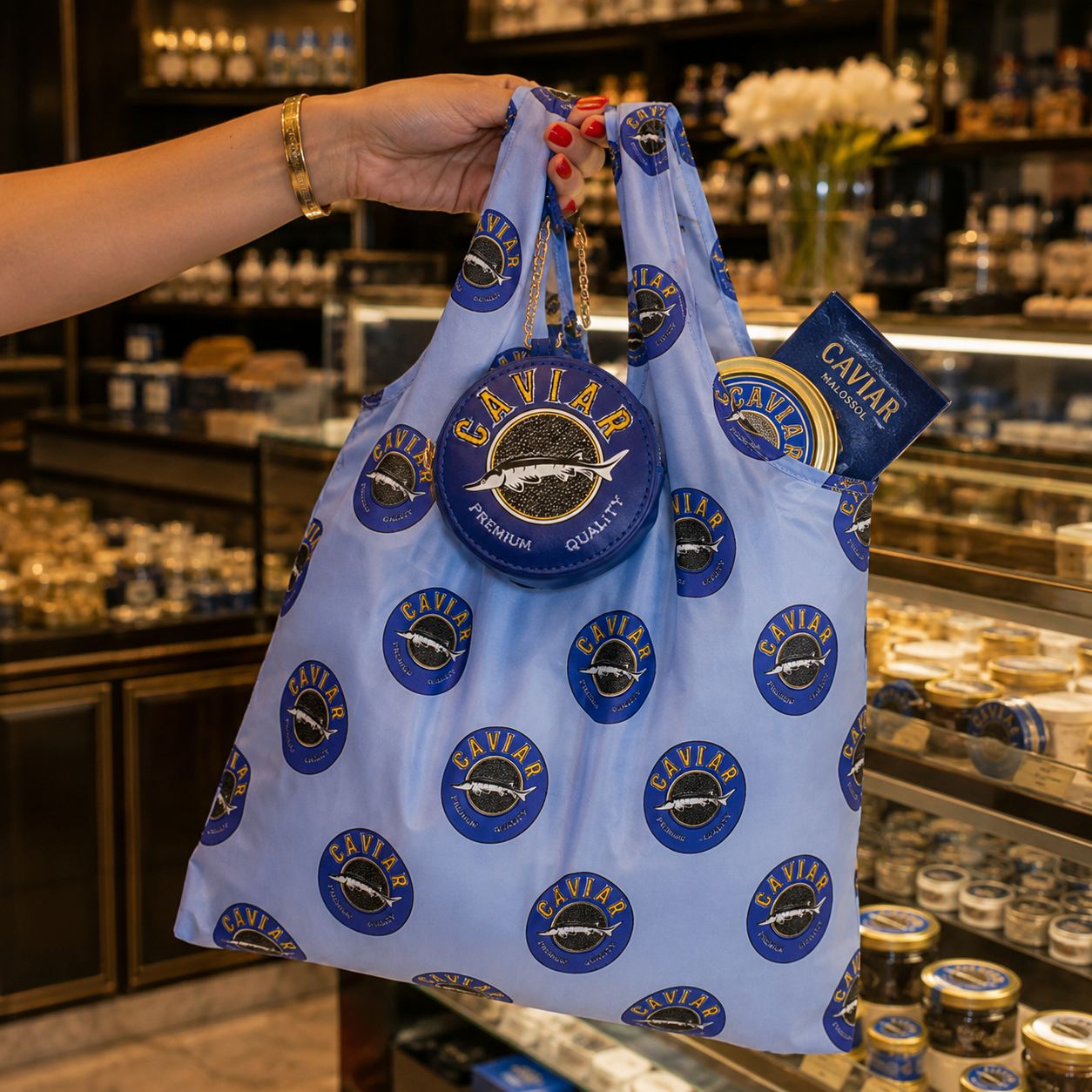 Reusable caviar print shopping bag with matching caviar coin pouch attached to the handle.